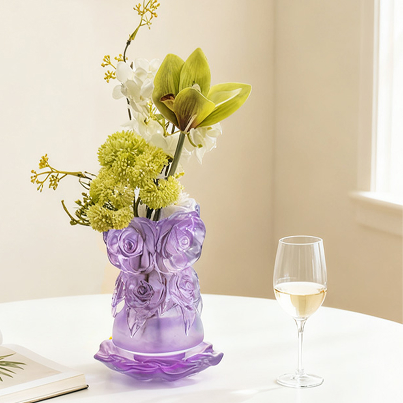 عملية صب الشمع المفقود زجاج ديكور المنزل مزهرية زجاج كريستال “مزهرية ورد”