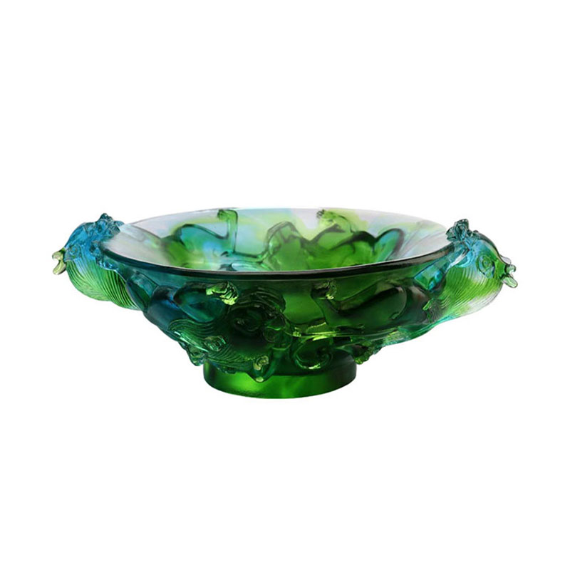 طبق فاكهة زجاجي أخضر شفاف