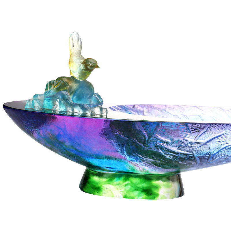 وعاء فاكهة زجاجي كريستالي مزين بطيور