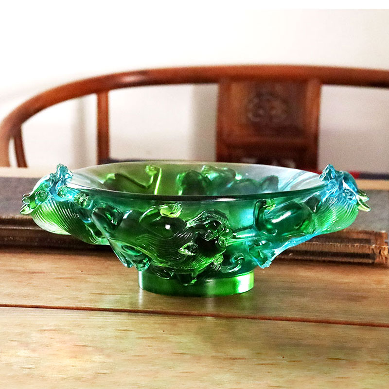 طبق فاكهة زجاجي أخضر شفاف
