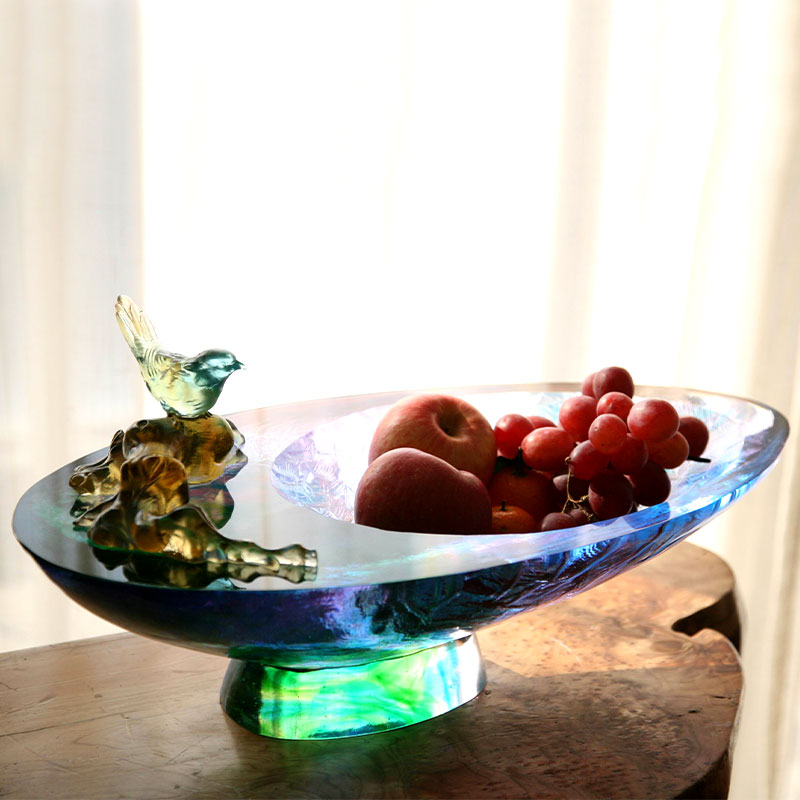 وعاء فاكهة زجاجي كريستالي مزين بطيور
