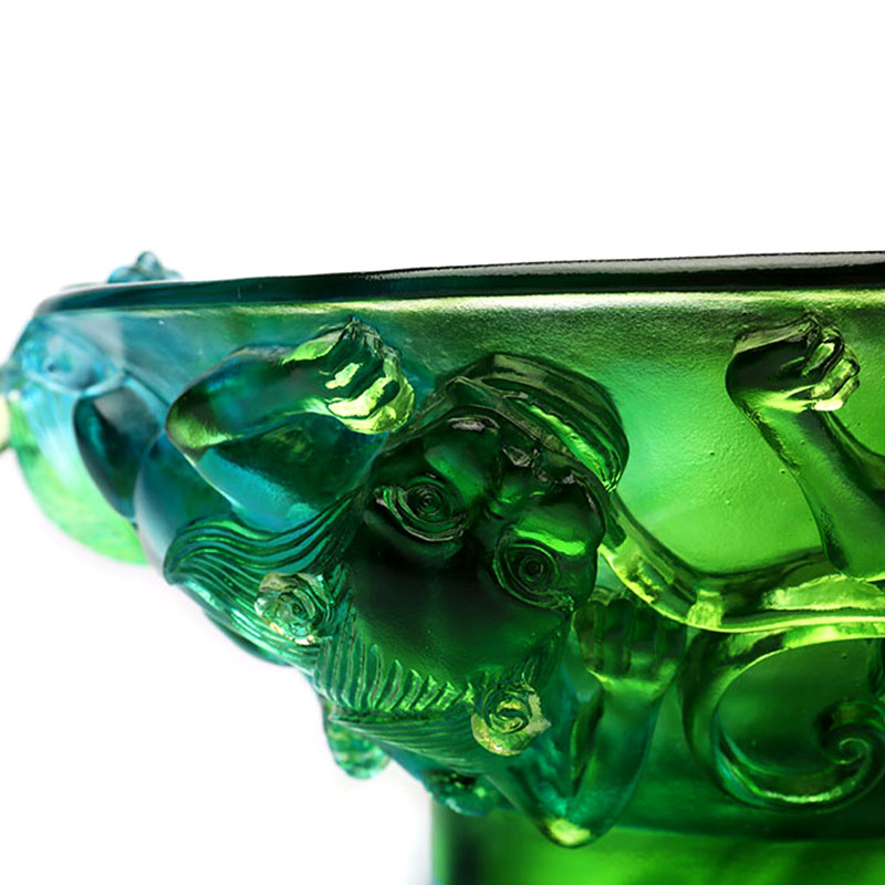 طبق فاكهة زجاجي أخضر شفاف