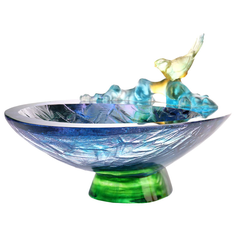 وعاء فاكهة زجاجي كريستالي مزين بطيور