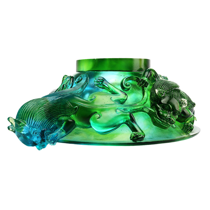 طبق فاكهة زجاجي أخضر شفاف