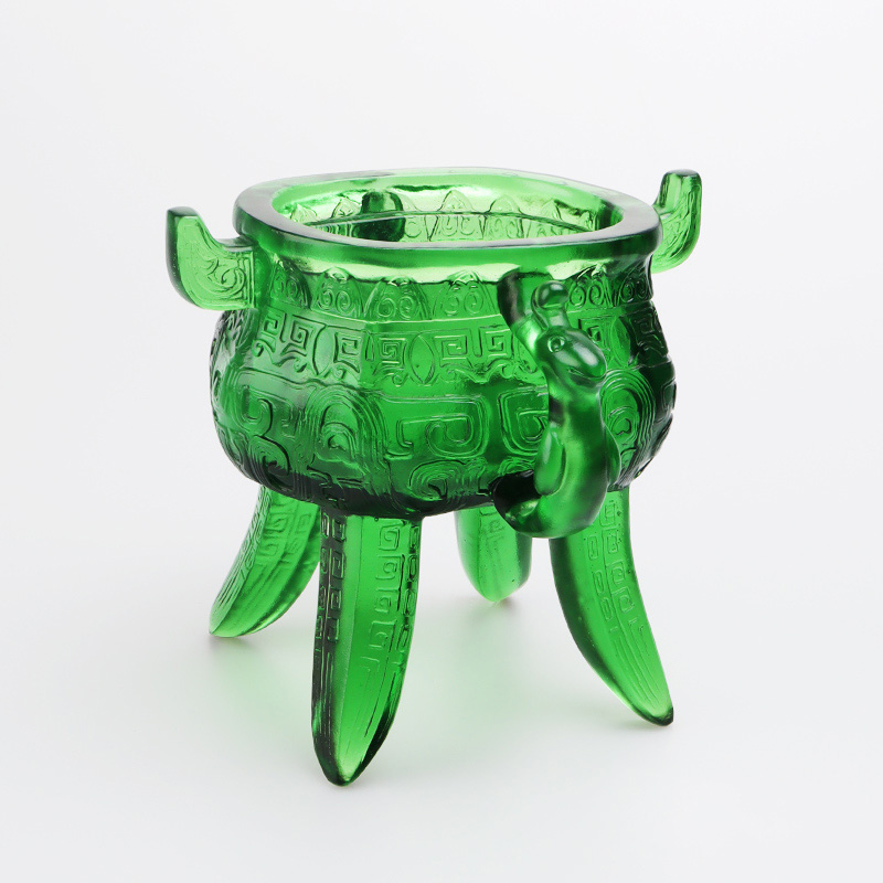 حامل ثلاثي من الزجاج والكريستال باللون الأخضر الزمردي مع مقابض على شكل الأذن