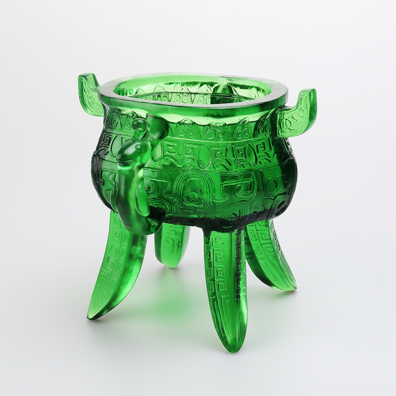 حامل ثلاثي من الزجاج والكريستال باللون الأخضر الزمردي مع مقابض على شكل الأذن