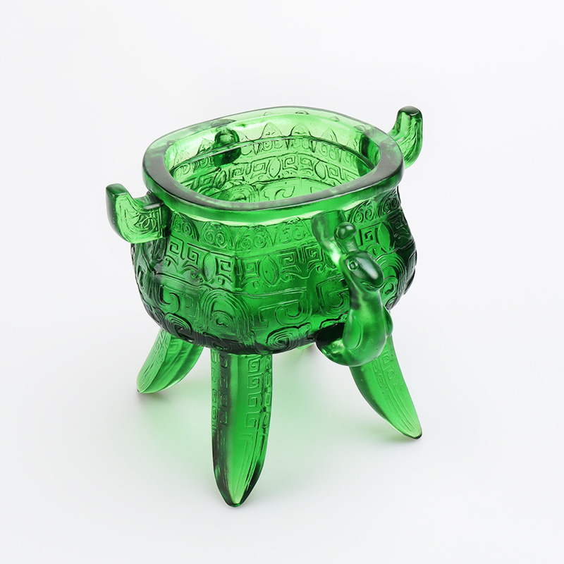 حامل ثلاثي من الزجاج والكريستال باللون الأخضر الزمردي مع مقابض على شكل الأذن